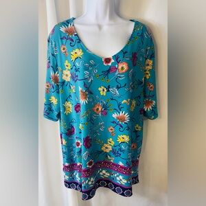 Chicos Teal Floral Scoop Neck Boho Stretch Tunic Top 3/4 Sleeves Size 3 - XL